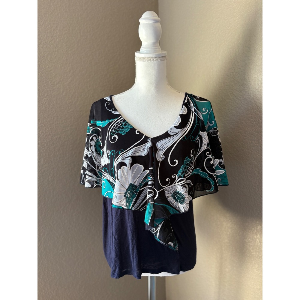 Espresso Womens V-Neck Cape Sleeve Ruffle Floral Mesh Top Navy Teal Size M